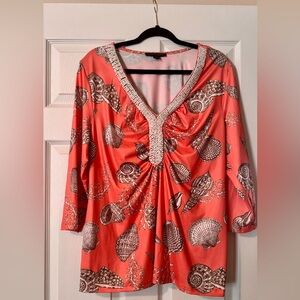 Boston Proper Elegant Coral Seashell V-Neck Blouse